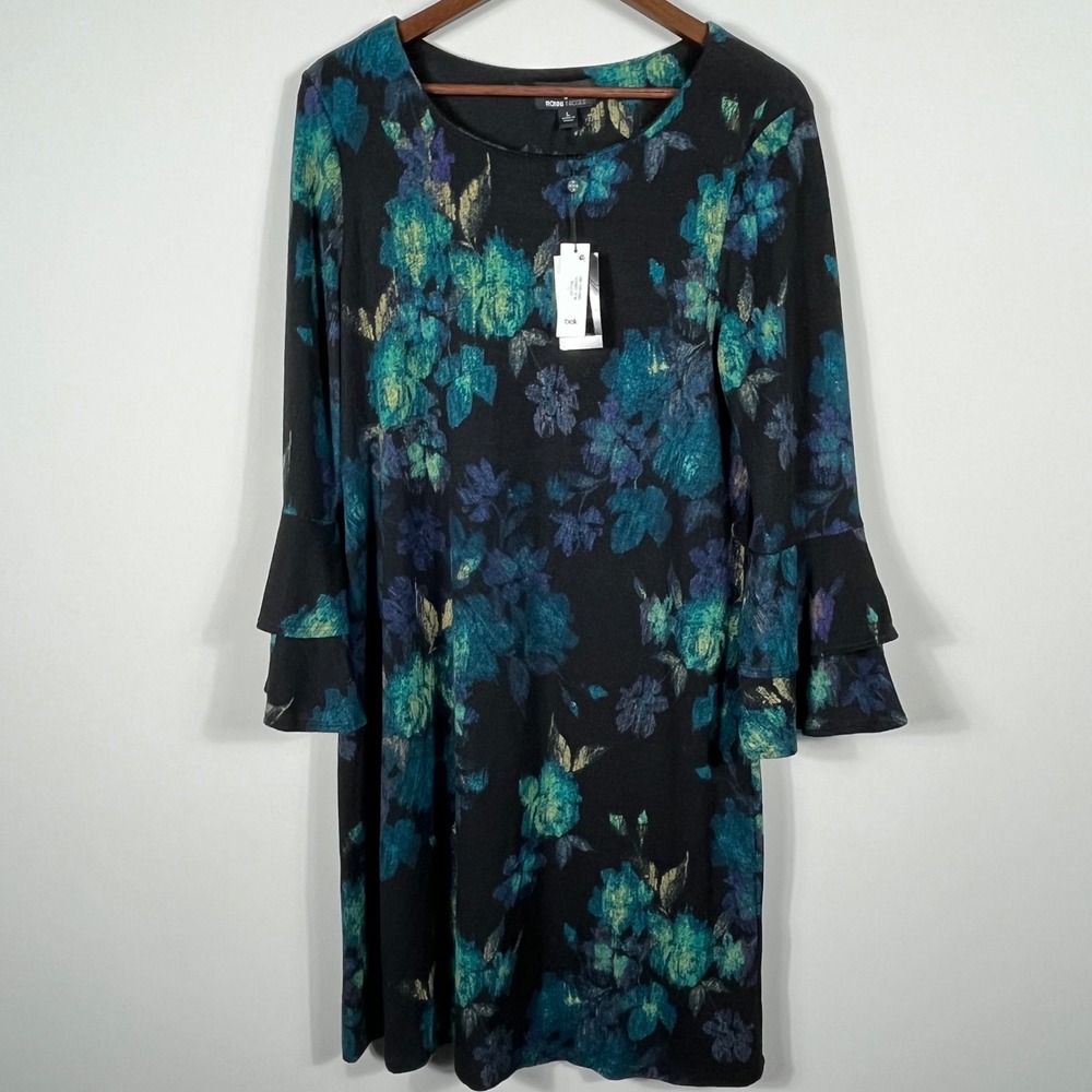 Ronni Nicole Womens Floral Bell Sleeve Shift Dress Black Green Blue L NWT